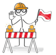 Illustration of a person with helmet and flag behind a construction barrier